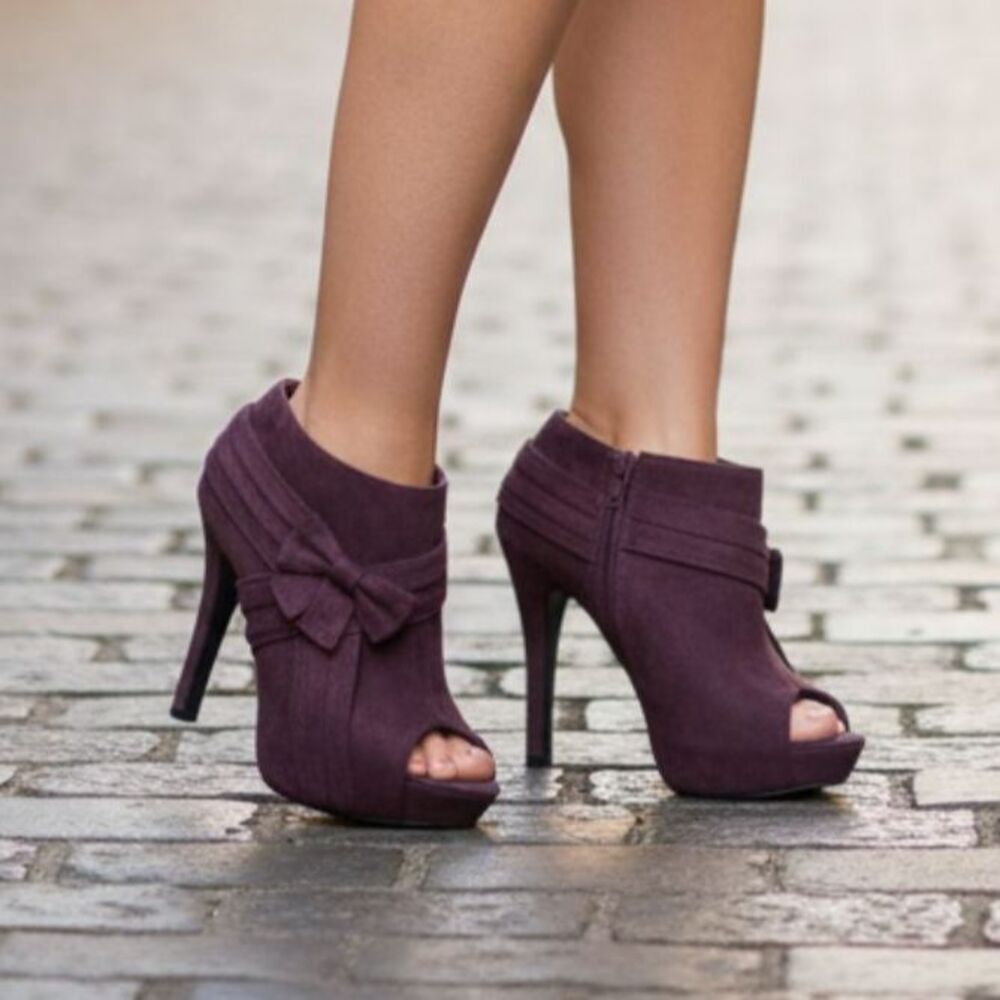 Heeled Booties Peep Toe Y2K Vegan Suede Burgundy Coquette Ruffle Girly Women 8